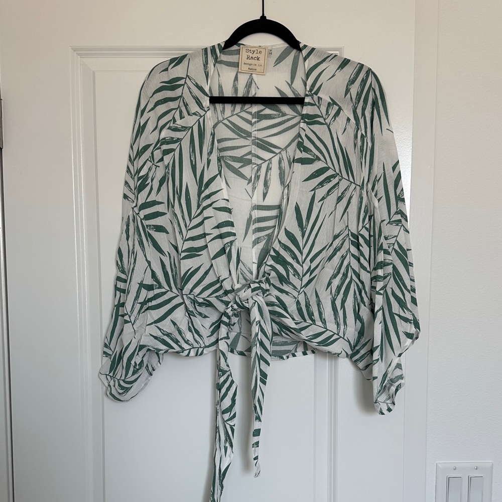 Style Rack White and Green Leaf Blouse